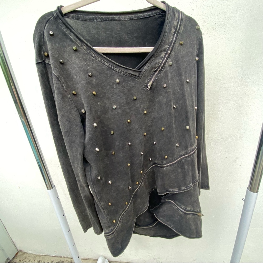Dark Grey Stonewash Studded Zipper Tunic Top Size M/L
